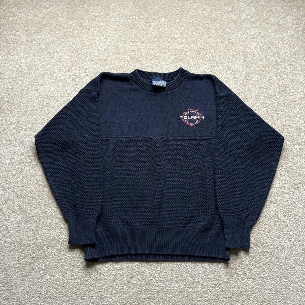 Polaris Sweater Mens Medium Navy Blue‎ Crewneck Embroidered Logo Knit Made USA